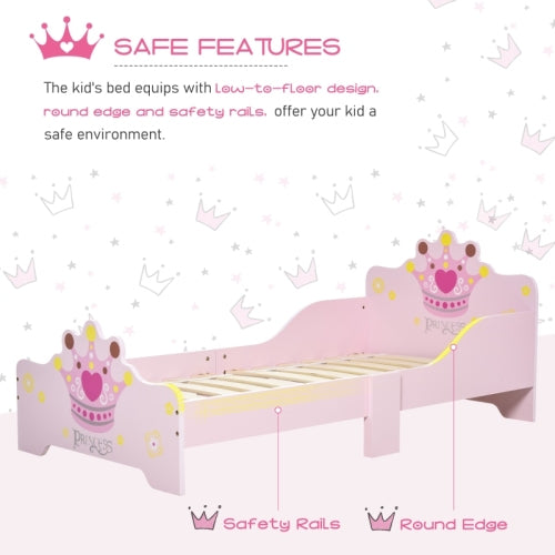 Kids Toddler Bed Princess Crown Theme Safety Side Rails Slats Home Bedroom Furniture Girls 3-6 Yrs  143 X 73 X 60 Cm