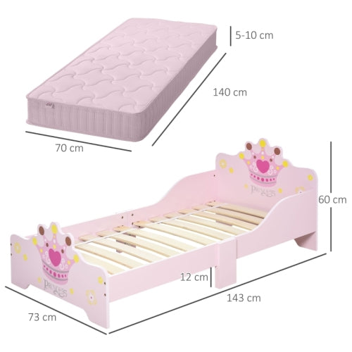 Kids Toddler Bed Princess Crown Theme Safety Side Rails Slats Home Bedroom Furniture Girls 3-6 Yrs  143 X 73 X 60 Cm